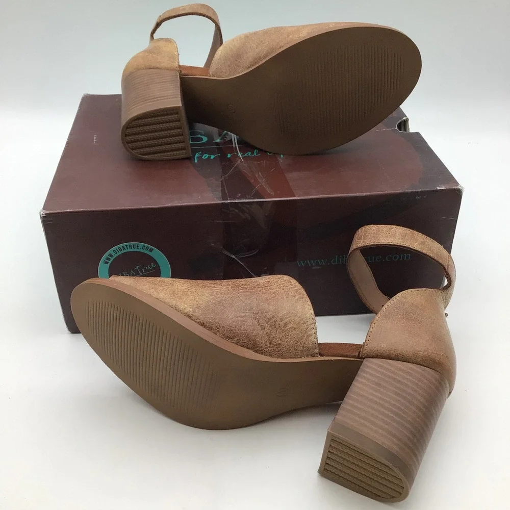 Diba True Leah Mai Tan Ankle Strap Block Heel‎ Peep Toe Sandal Size 9.5 New
